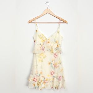 XXS - lulus Sip of Chardonnay Cream Floral Print Ruffled Mini Dress
